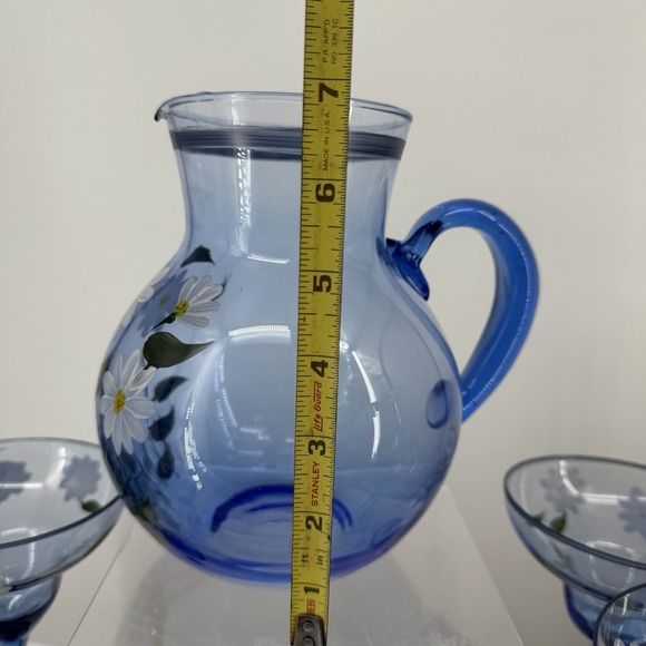 Vtg 7 Pc Set Hand-Blown/Hand Painted Margarita Glasses & Pitcher Floral Daisy - Picture 5 of 7
